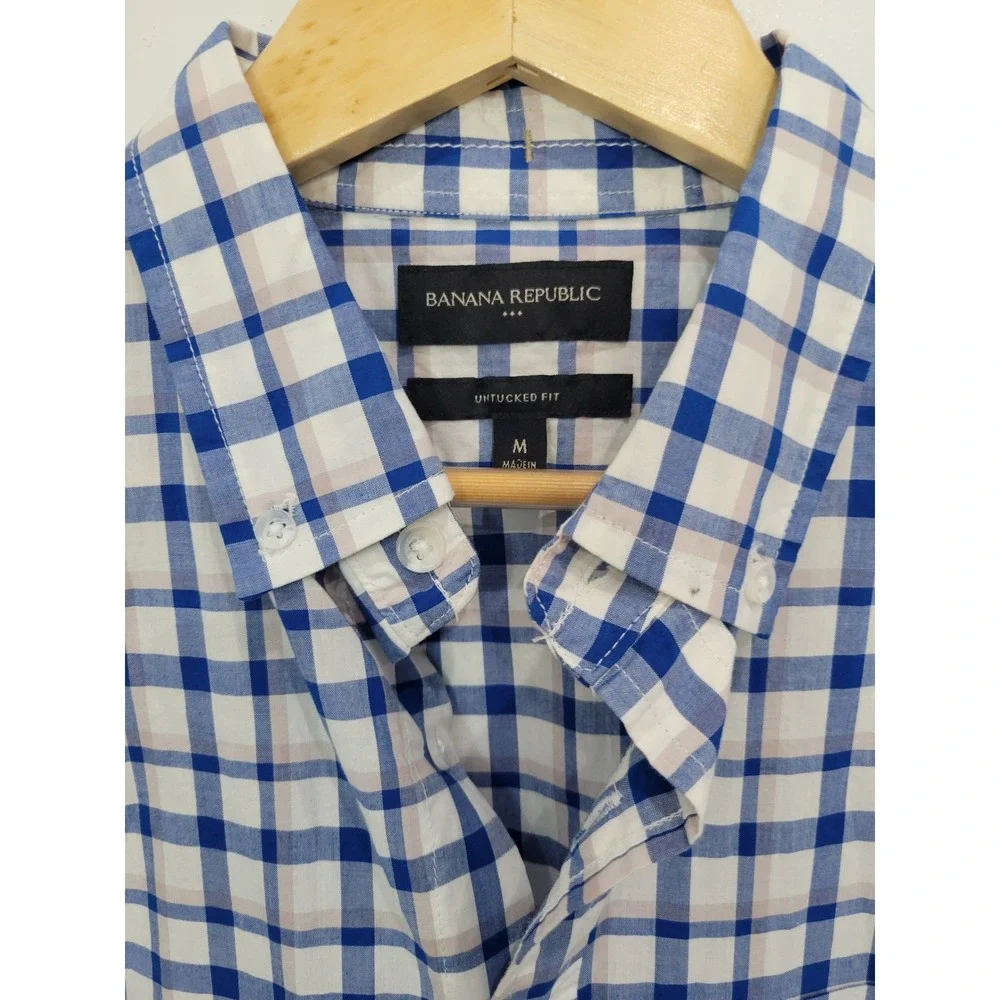Banana Republic Mens Untucked Fit Blue White Plaid Button Down‎ Shirt Size M